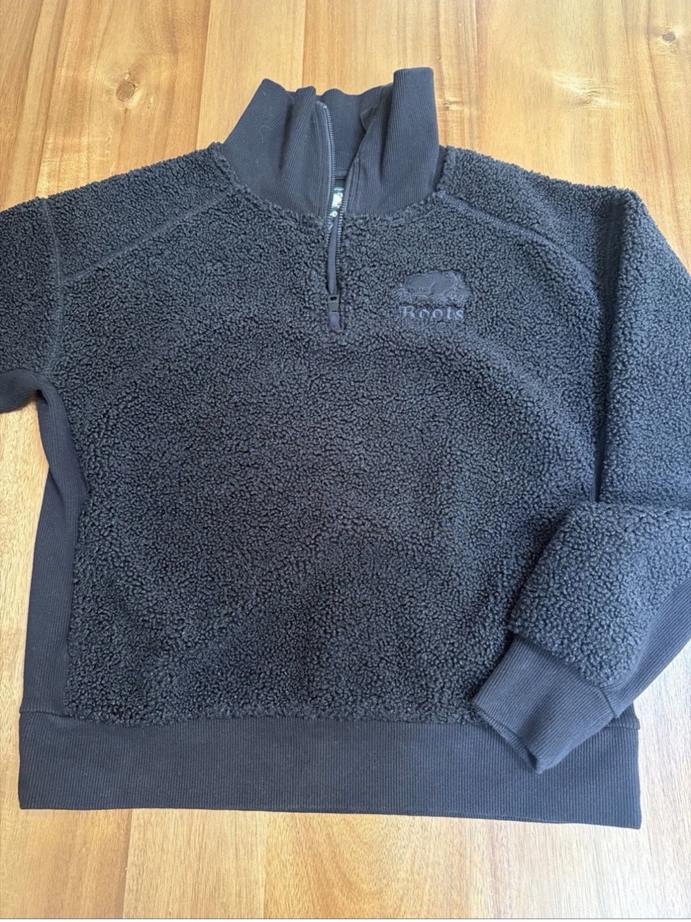 Roots Canada Women Teddy Fleece Pullover 1/4 Zip Black Sherpa Jacket XS